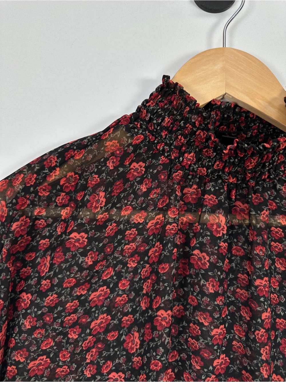 Dynamite Sheer Floral Blouse Black Red High Neck Long Sleeve Size S Whimsigoth - Picture 2 of 6